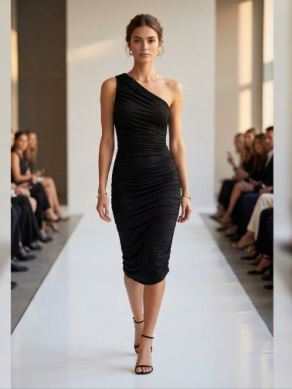 Forever 21‎ Womens Black One Shoulder Ruched Bodycon Midi Dress Medium LBD